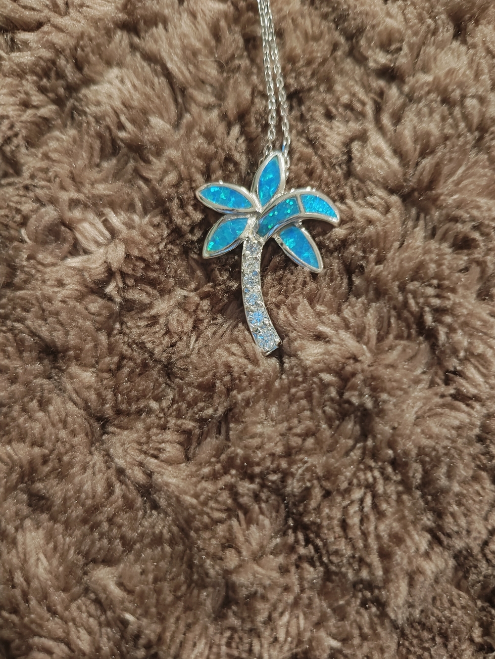Silver Palm Tree Pendant Necklace with Blue Opal Inlay